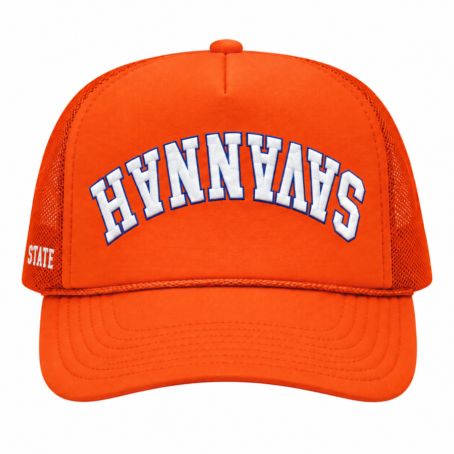 Orange Savannah upside down trucker hat front view without sticker alternate view