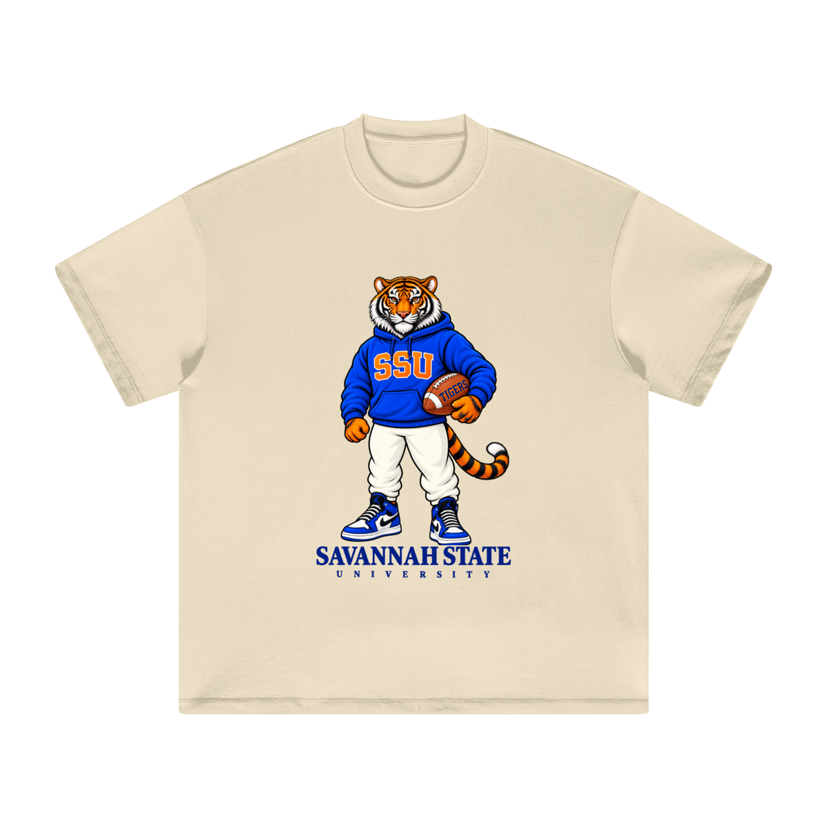 Front view of the cream Savannah State Legacy Tee featuring the SSU tiger mascot in a royal blue hoodie holding a football.