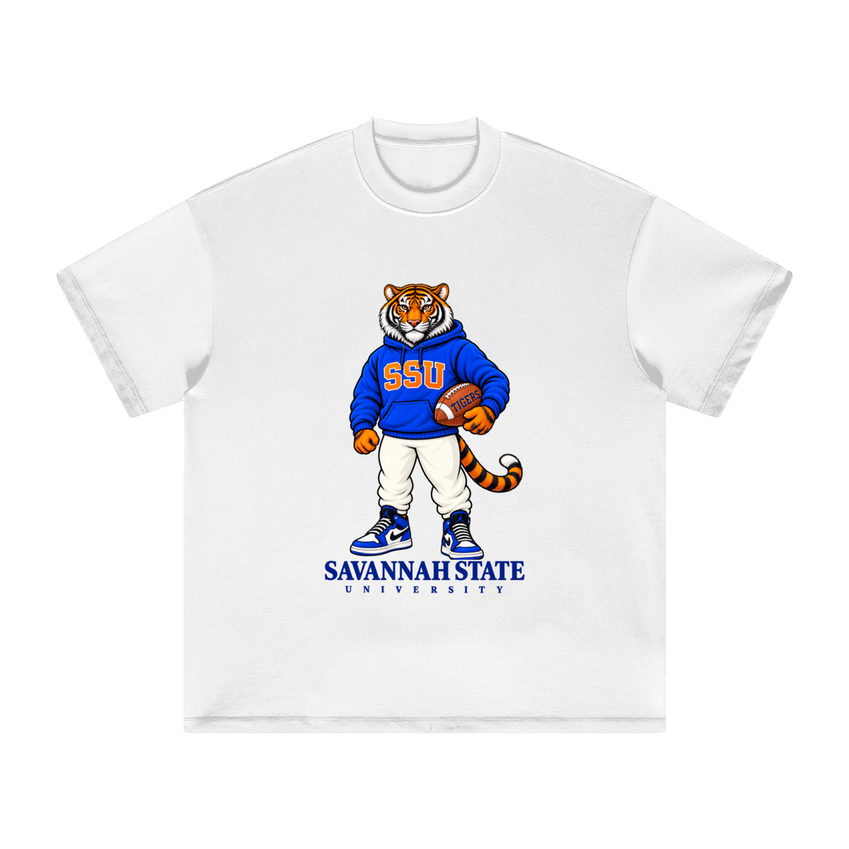 Front view of the white Savannah State Legacy Tee featuring the SSU tiger mascot in a royal blue hoodie holding a football.