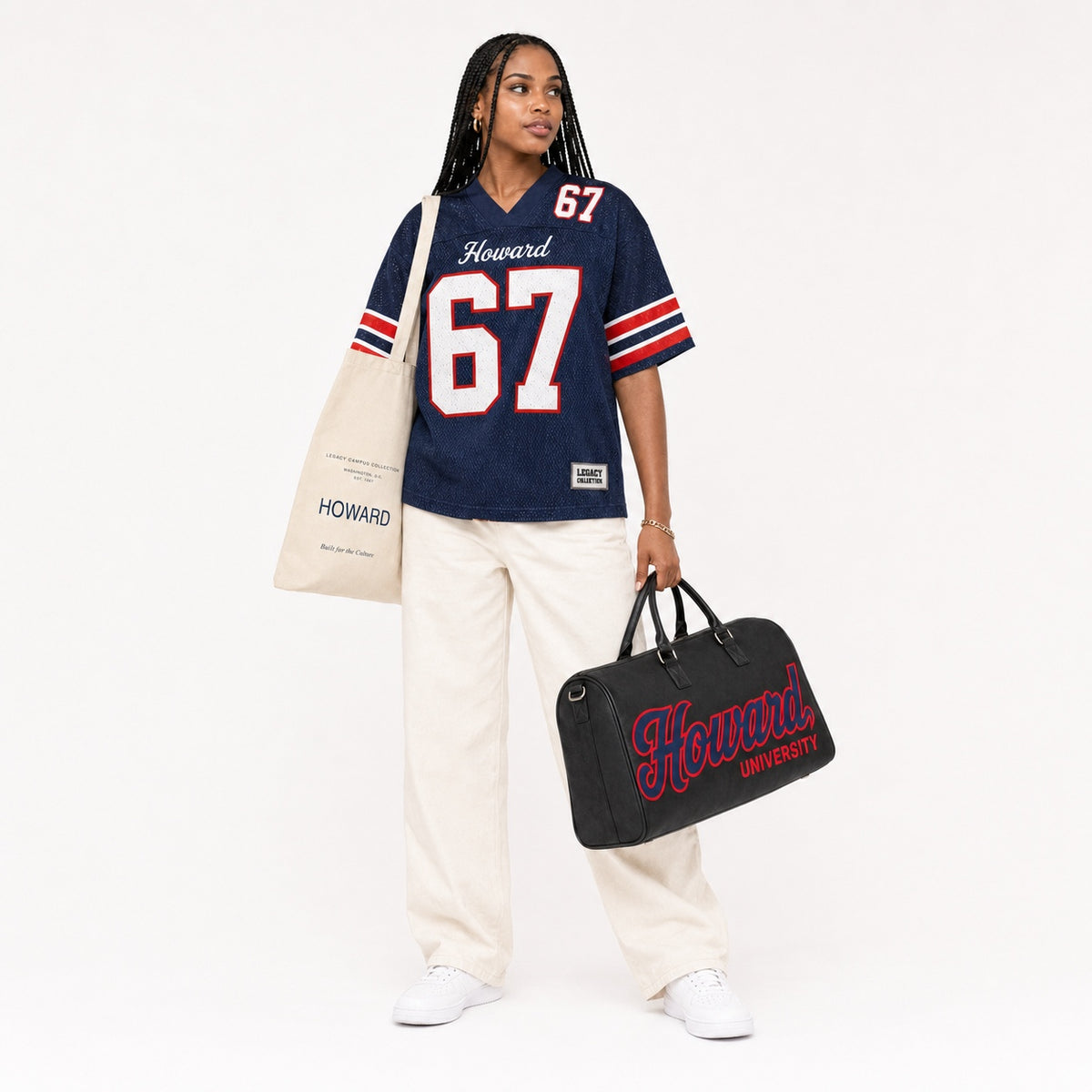 Howard Legacy Campus Collection female campaign model wearing Howard jersey with travel bag and tote
