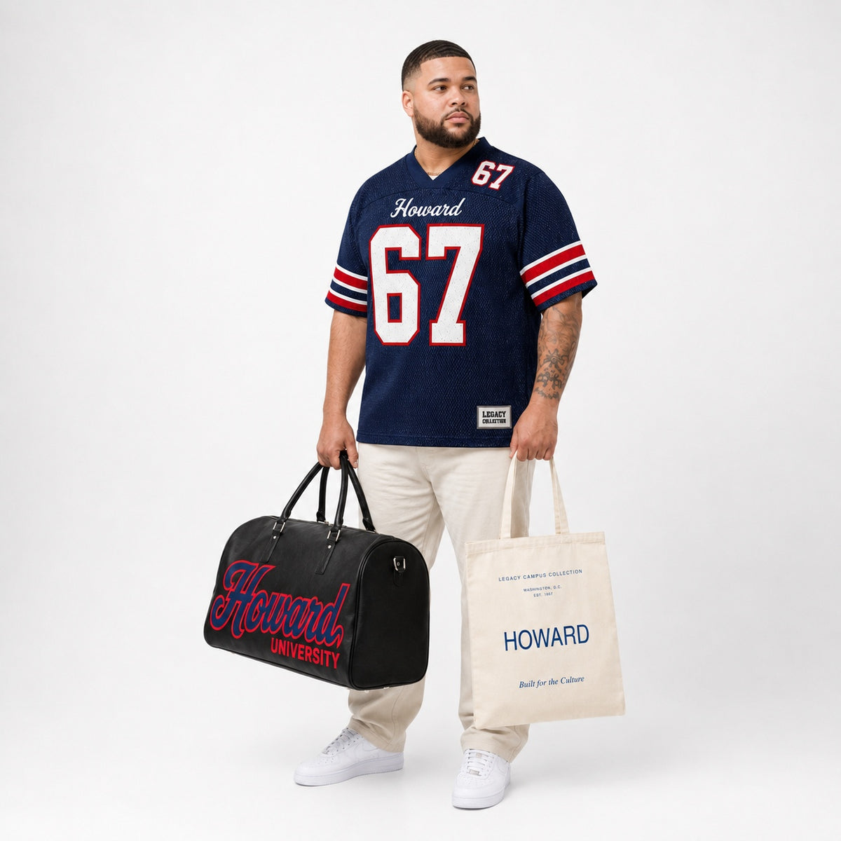 Howard Legacy Campus Collection male campaign model wearing Howard jersey with travel bag and tote