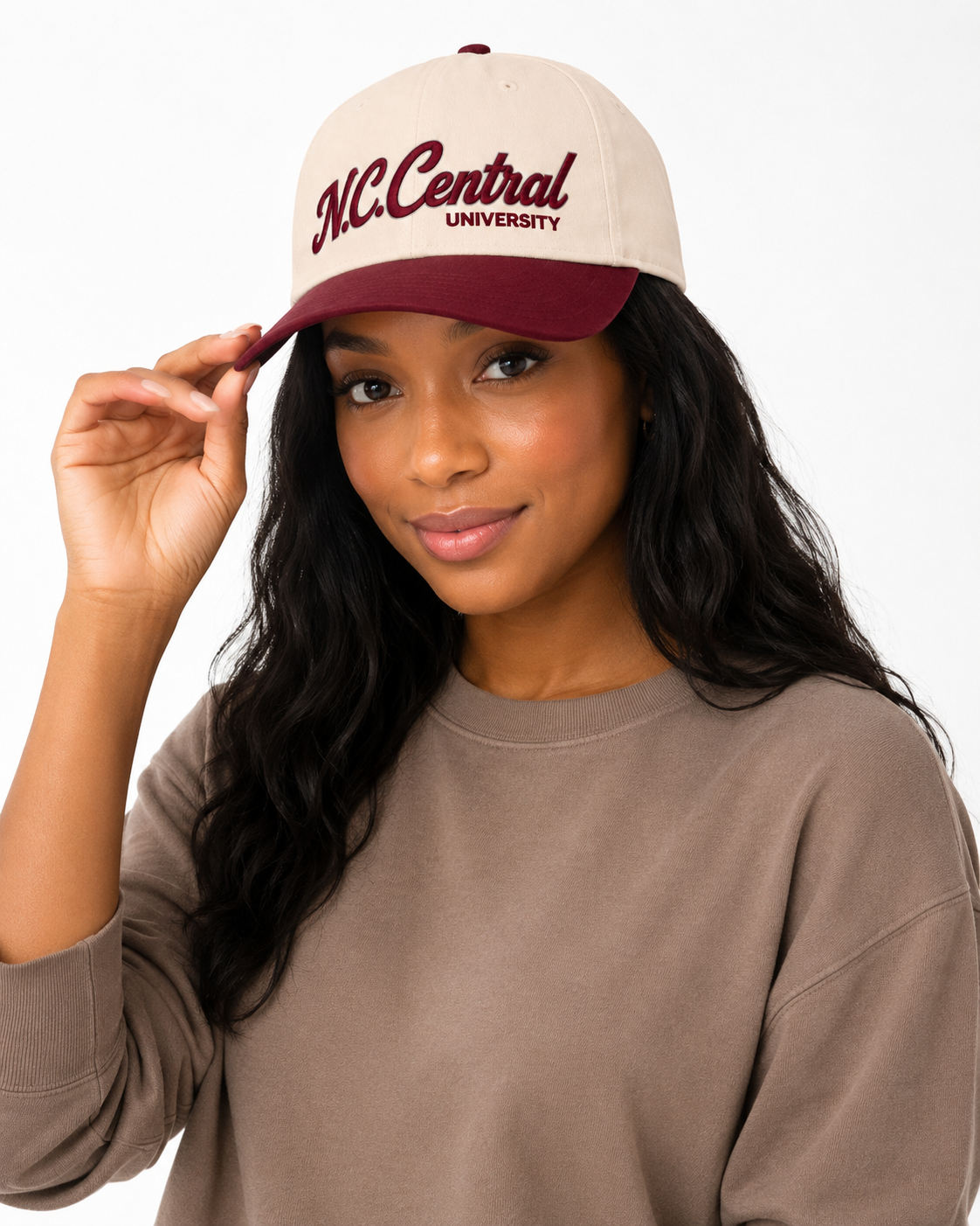 Female model wearing N.C. Central University Legacy Cap