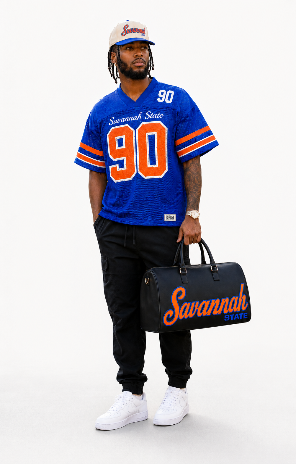 Savannah State Tigers 90 jersey with Legacy cap and travel bag studio lifestyle
