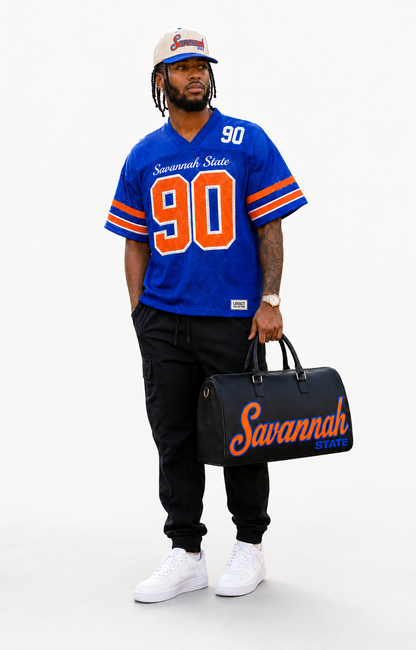Savannah State Tigers 90 jersey with Legacy cap and travel bag studio lifestyle
