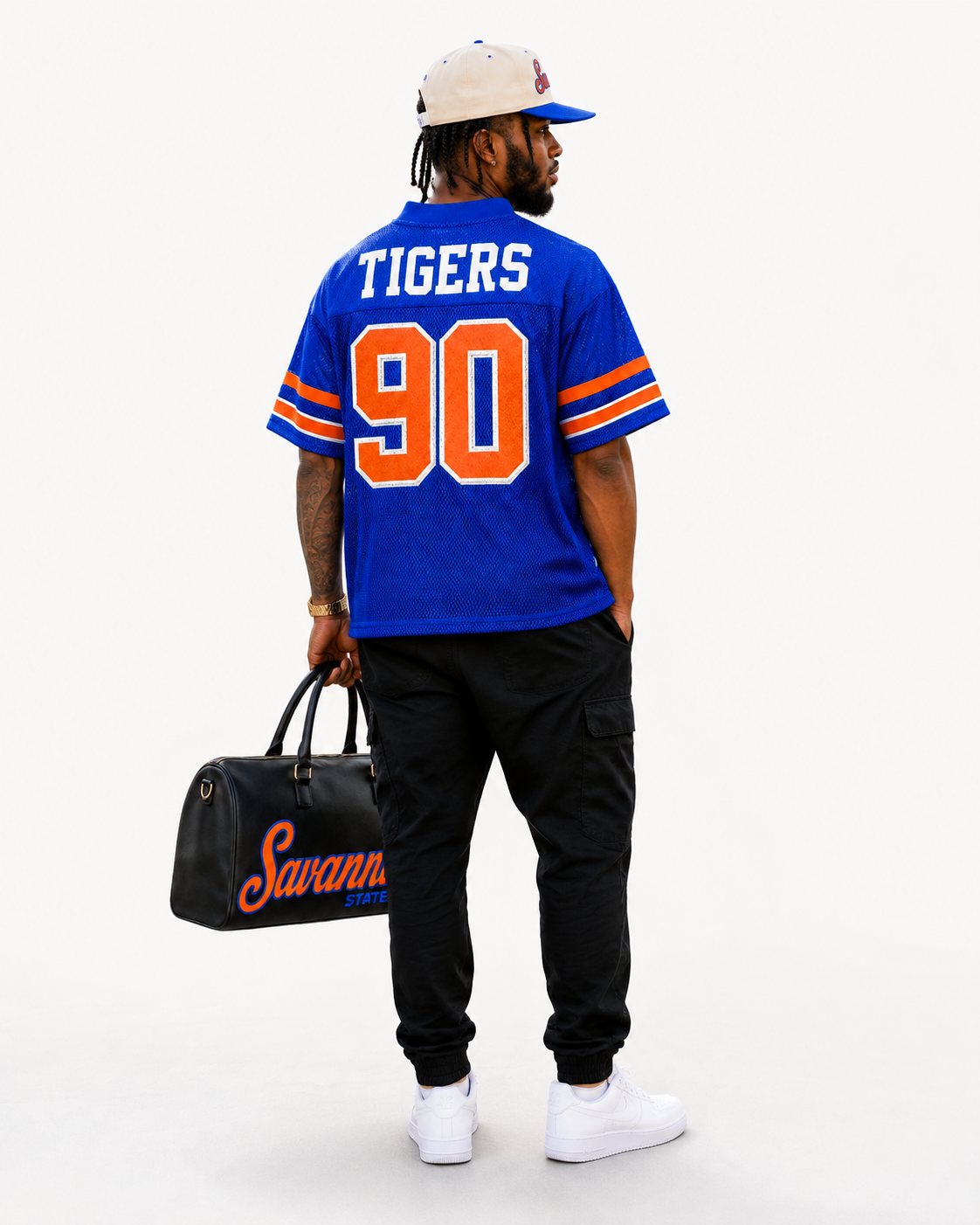 Savannah State Tigers 90 jersey back view showing TIGERS and 90