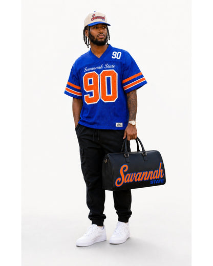 Savannah State travel bag with royal blue jersey and Legacy cap