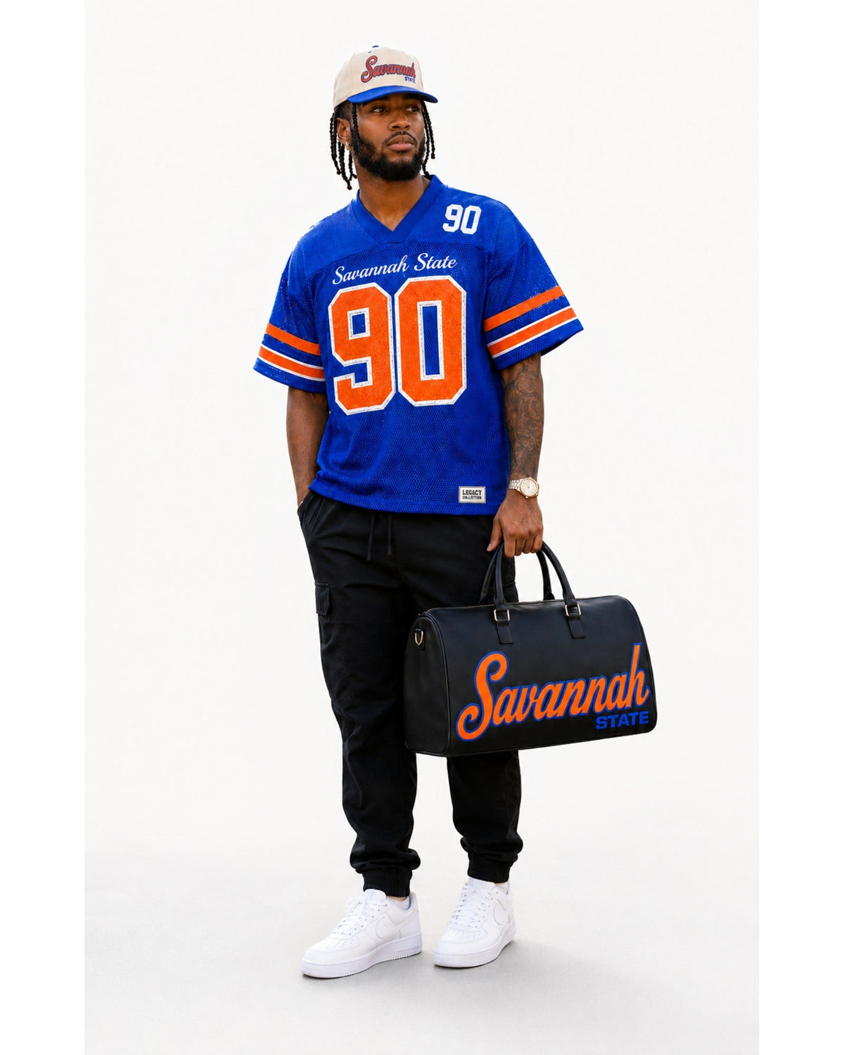 Savannah State royal blue jersey with Legacy cap and travel bag