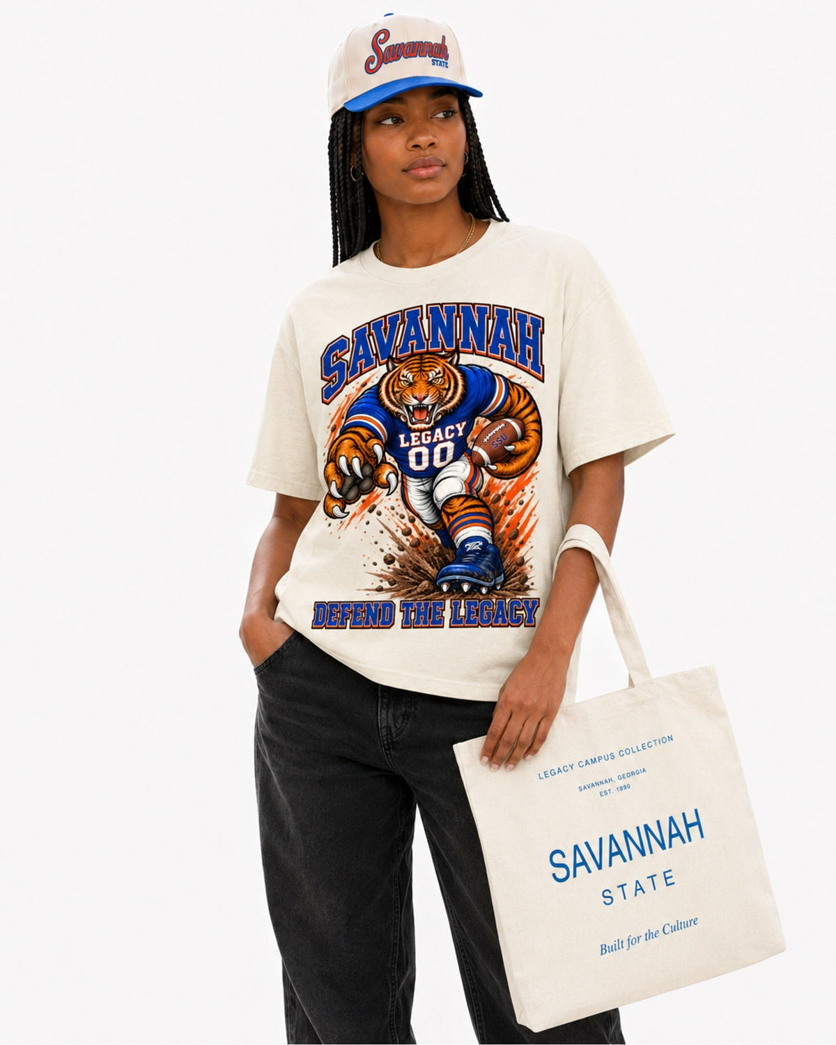 Savannah State Defend tee detail studio view