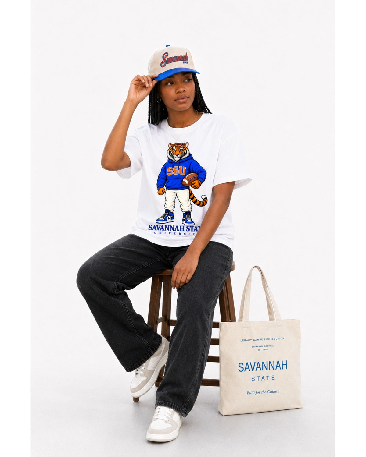 Savannah State Legacy tee seated studio view