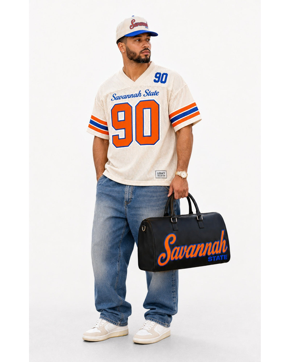 Savannah State cream jersey with Legacy cap and travel bag