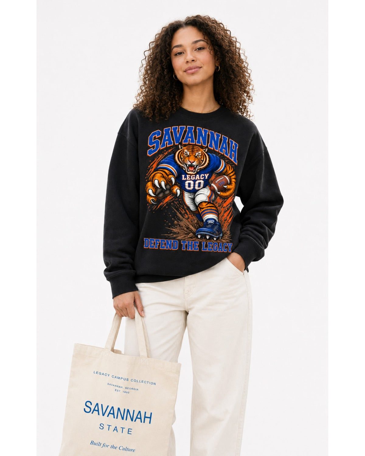Savannah State Defend crewneck detail studio view