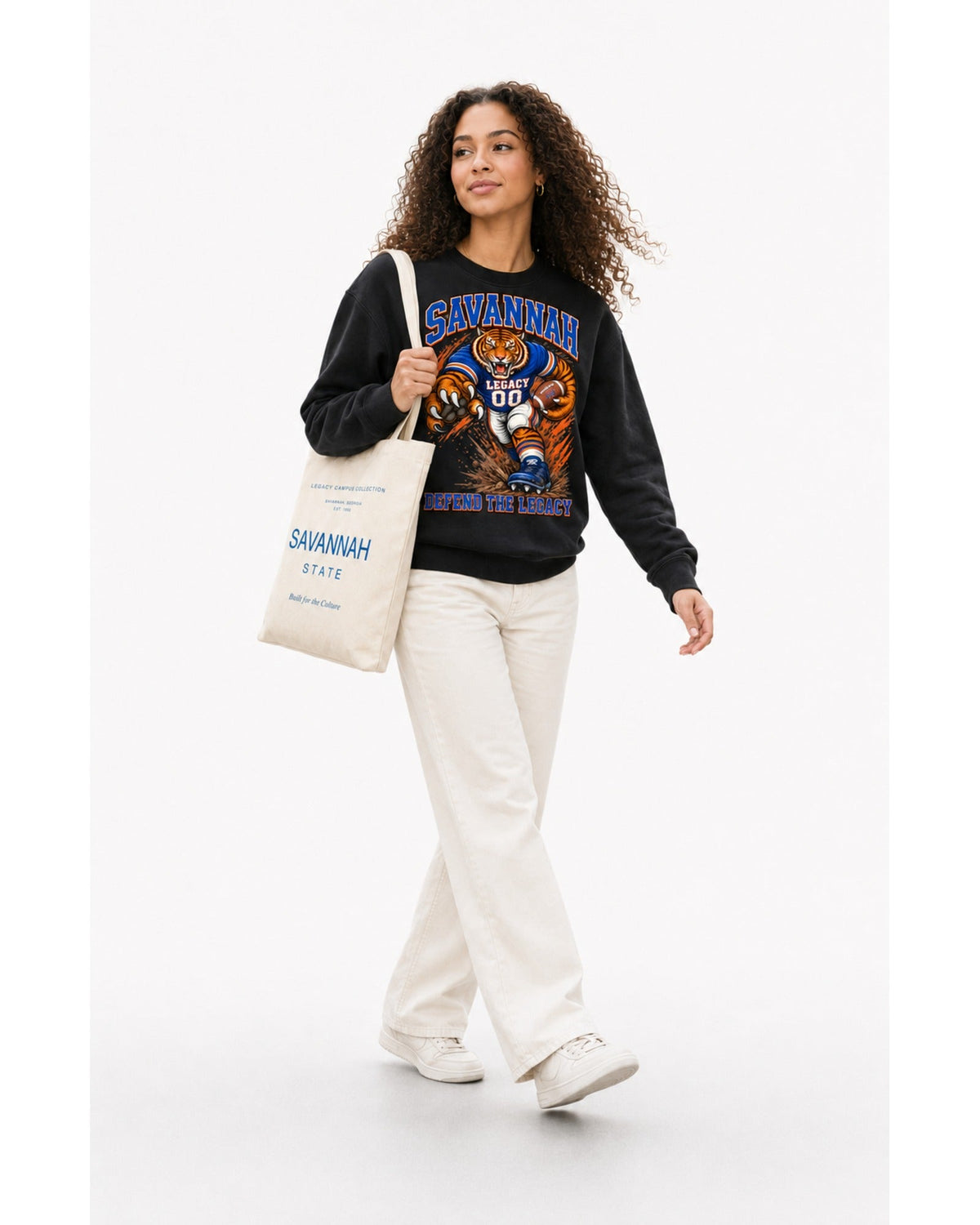 Savannah State Defend crewneck walking studio view