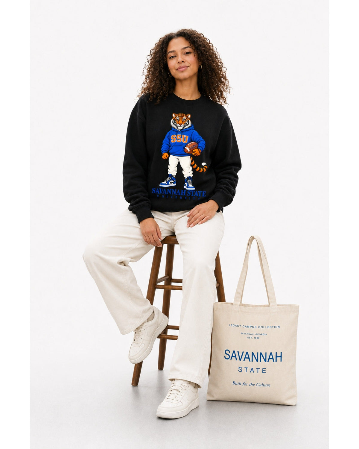 Savannah State Legacy crewneck seated studio view