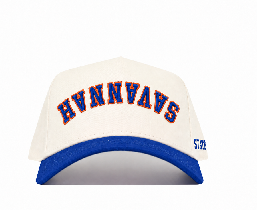 Cream and royal Savannah upside down cap with STATE side embroidery
