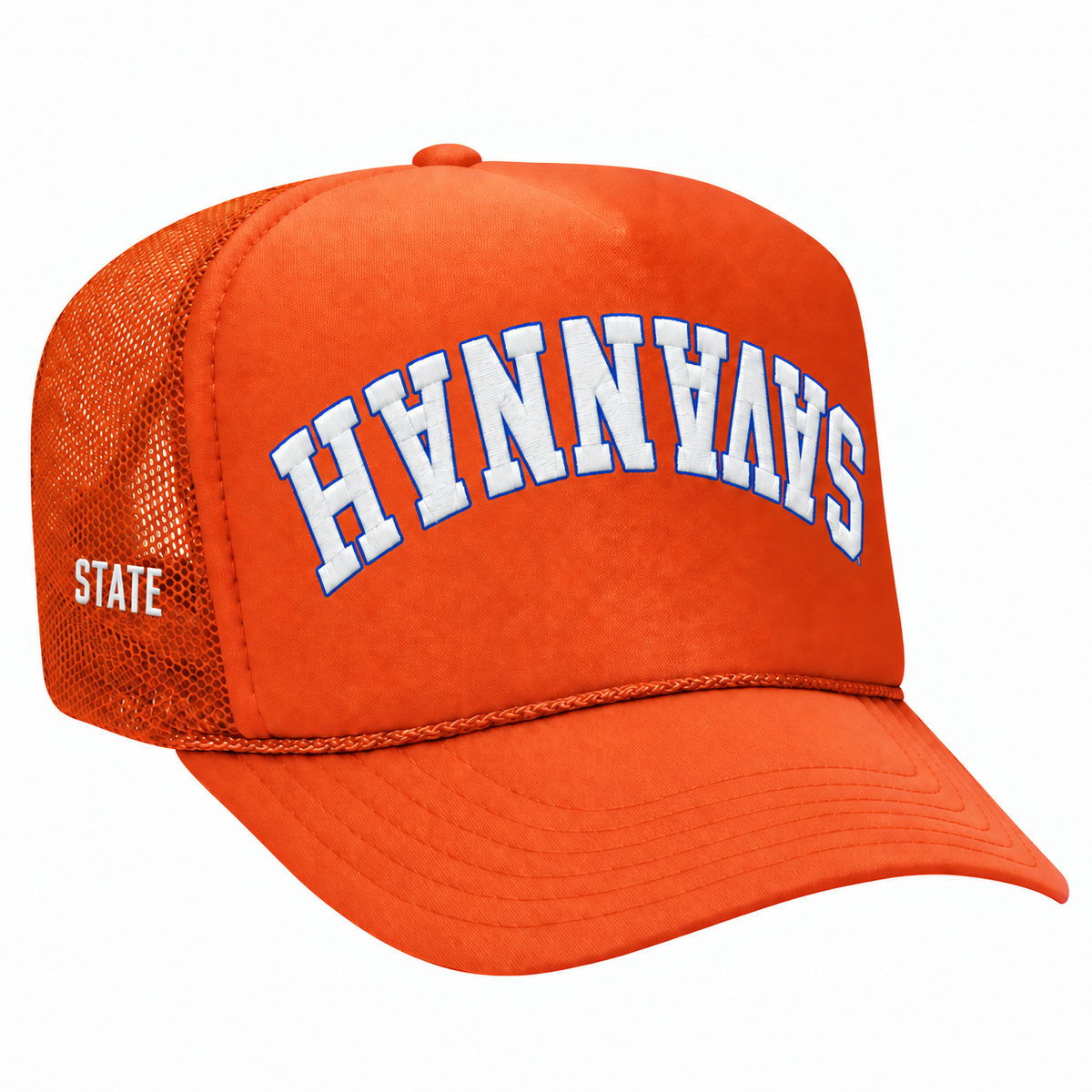 Orange Savannah upside down trucker hat angled view without sticker