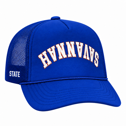 Royal Savannah upside down trucker hat matching angled view without sticker