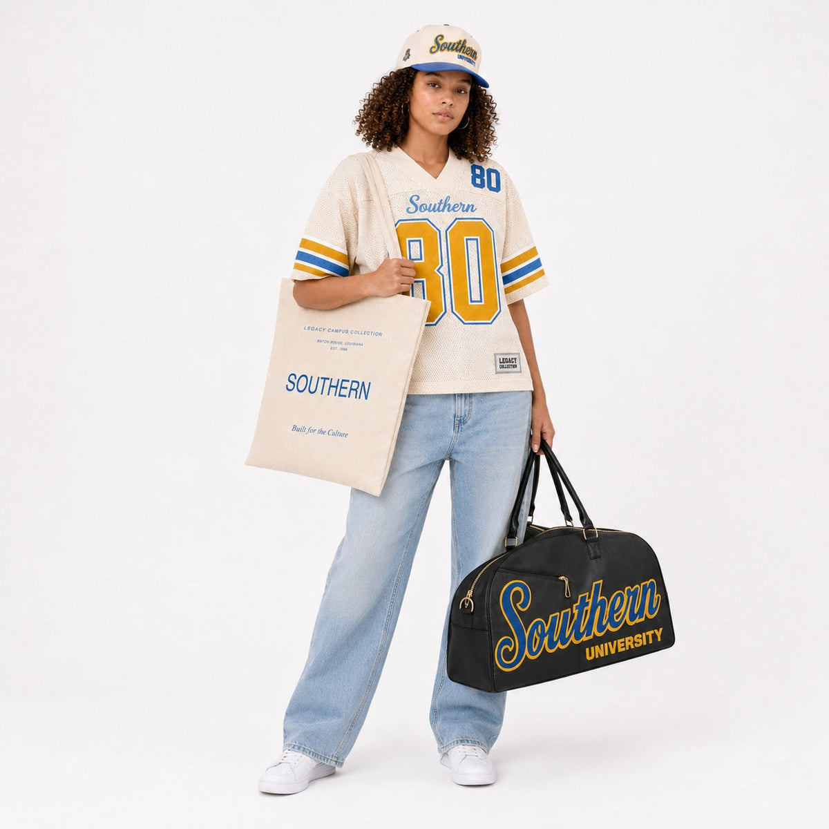 Southern Legacy Campus Collection female campaign model with Southern tote and travel bag