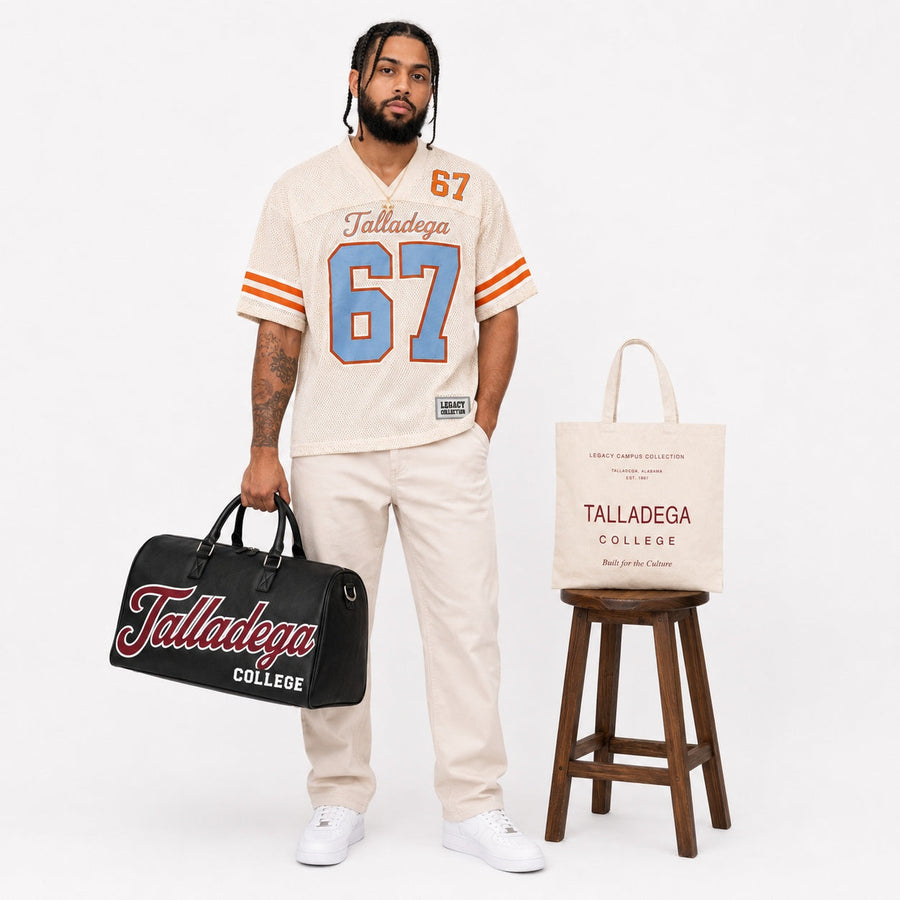 Talladega College Legacy Campus Travel Bag approved male campaign image alternate view